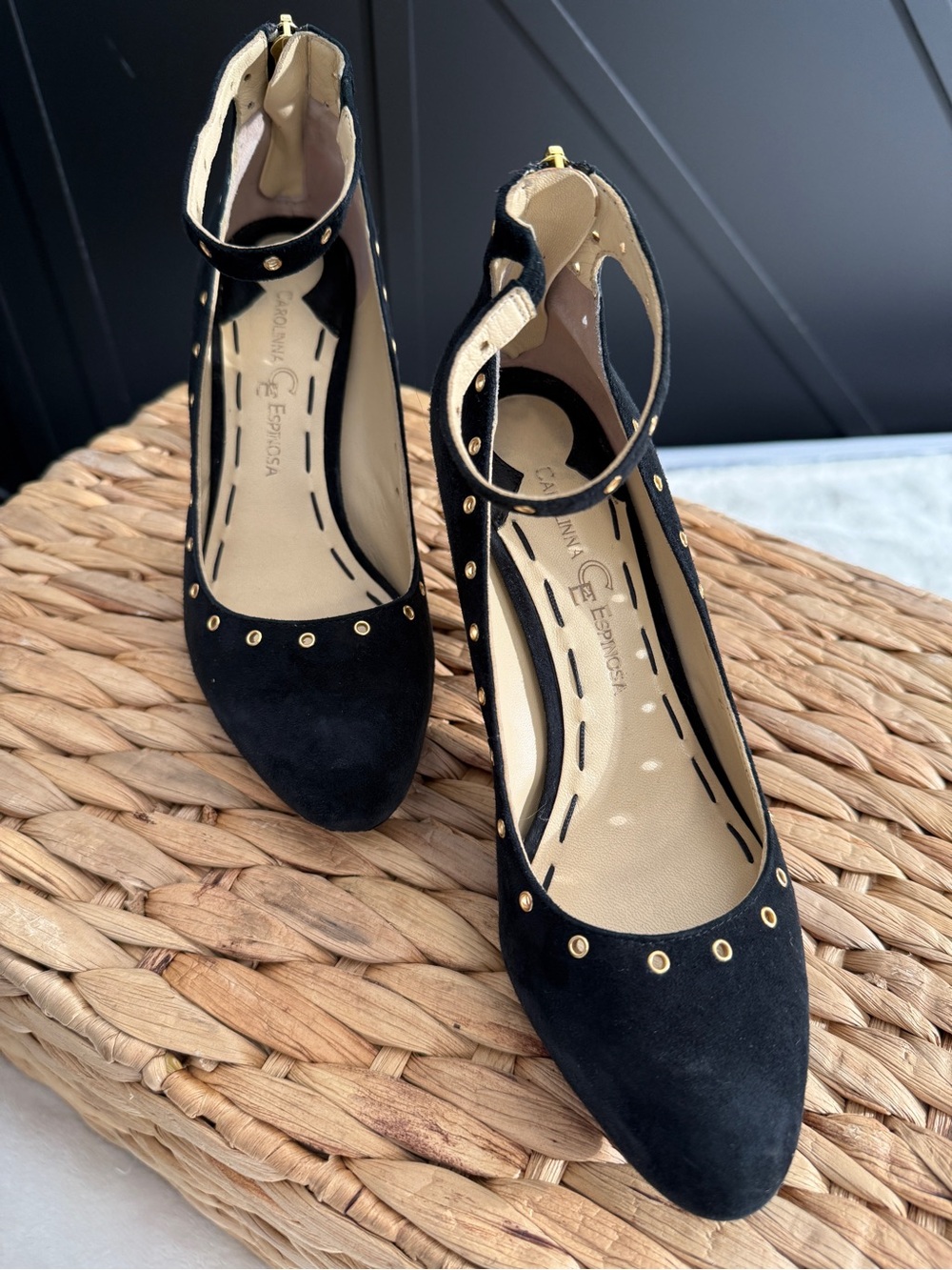 Carolinna Espinosa Black Calf Hair Ocean Studded Ankle Strap Pumps Heels 6M